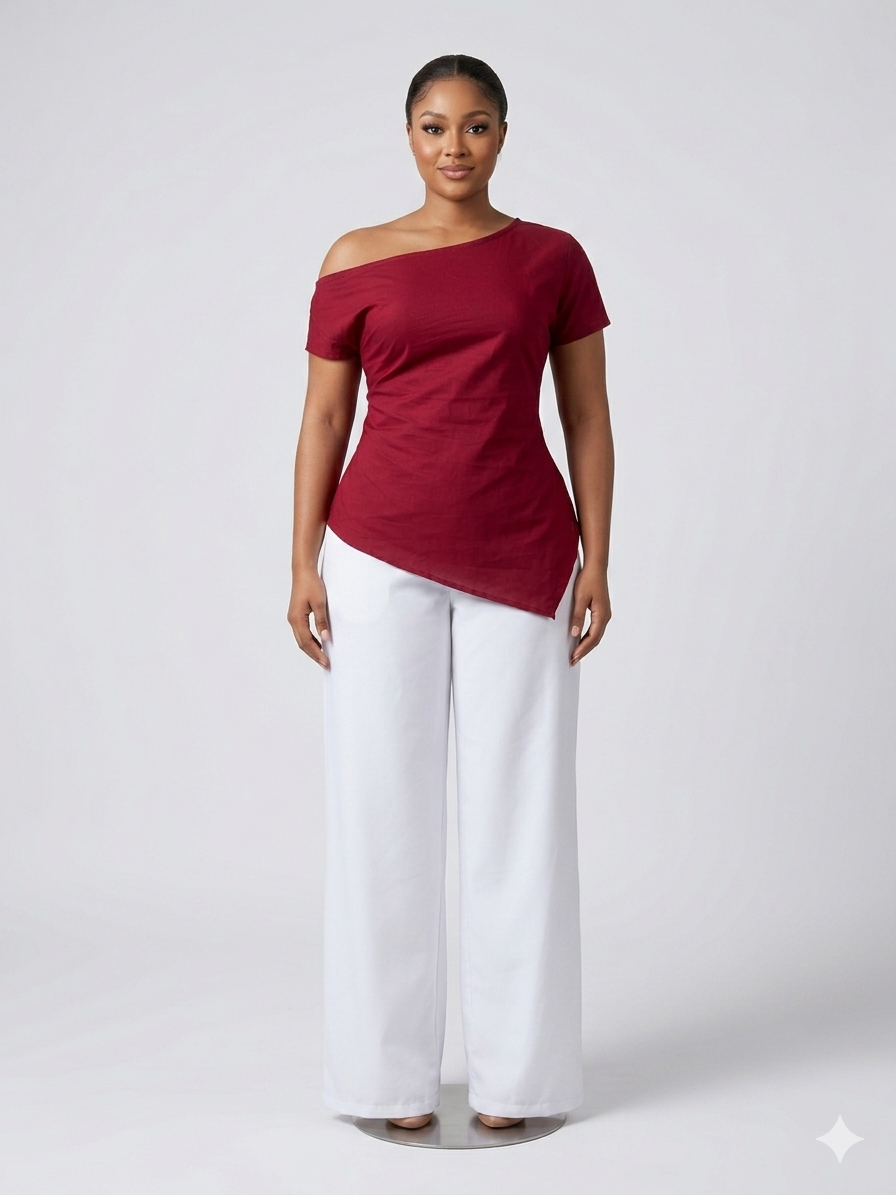 Burgundy Off-Shoulder Ivory Palazzo
