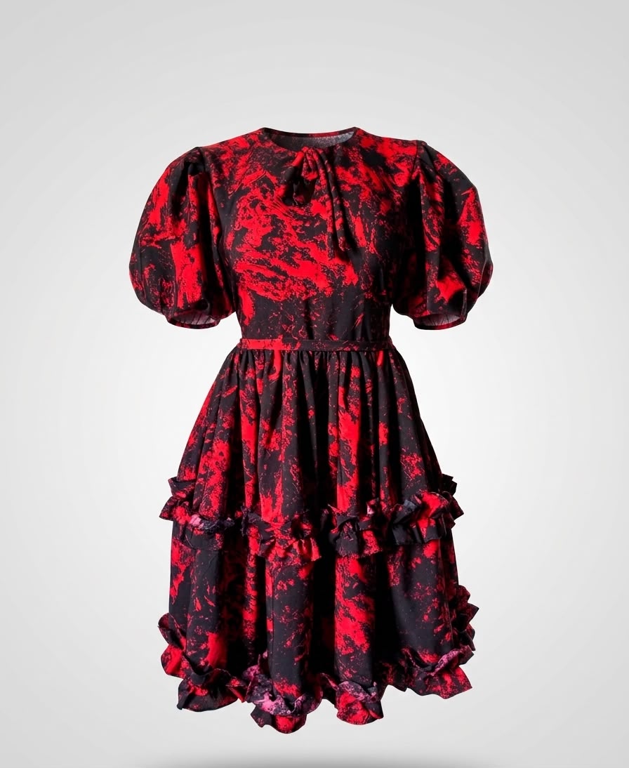 Crimson Abstract Tiered Ruffle Dress