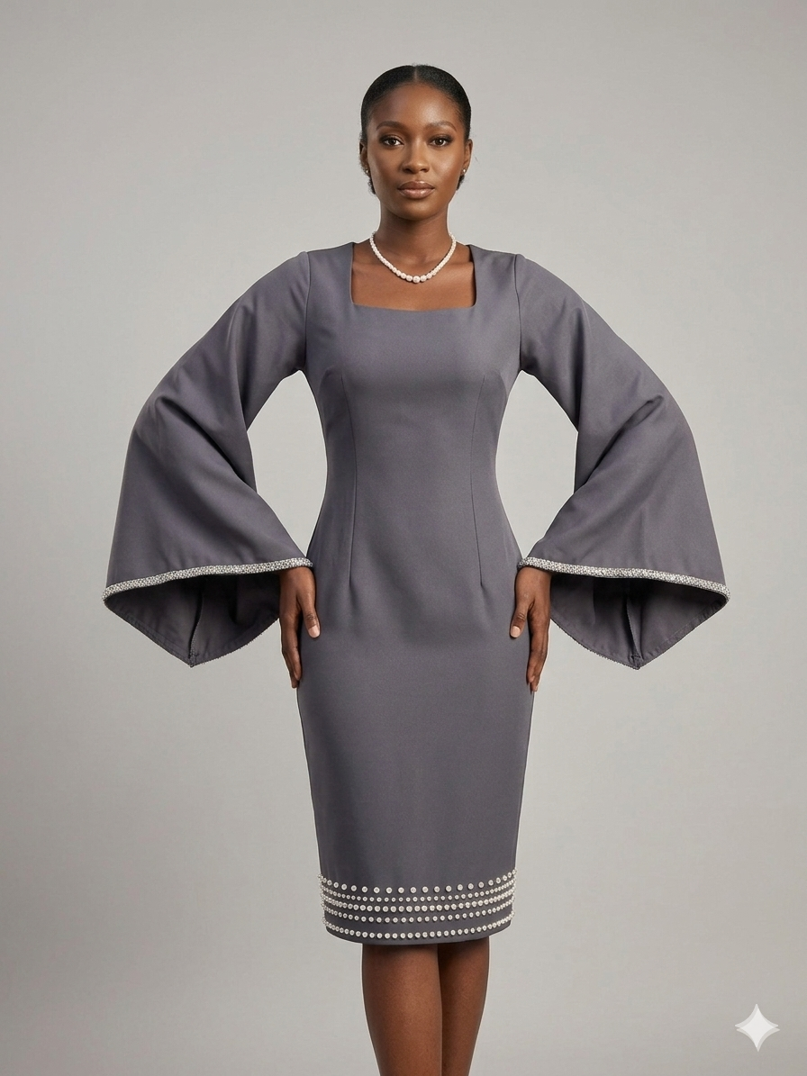 Graphite Bell-Sleeve Beaded Dress