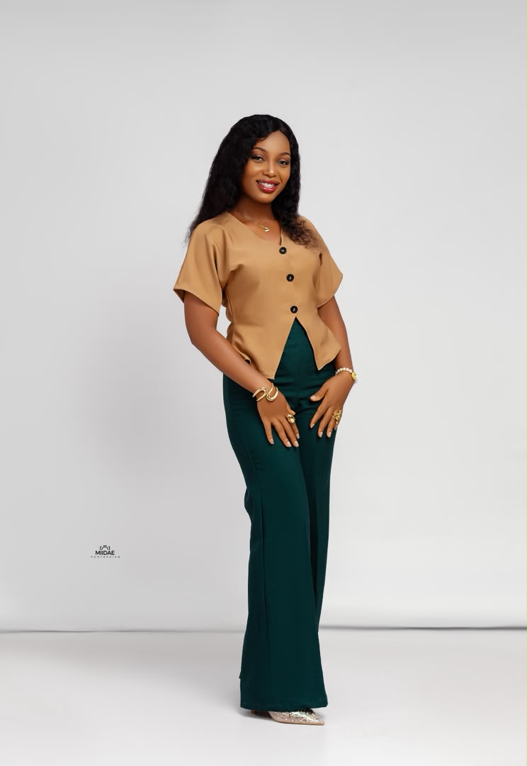 Camel Peplum Top & Emerald Flare Trousers